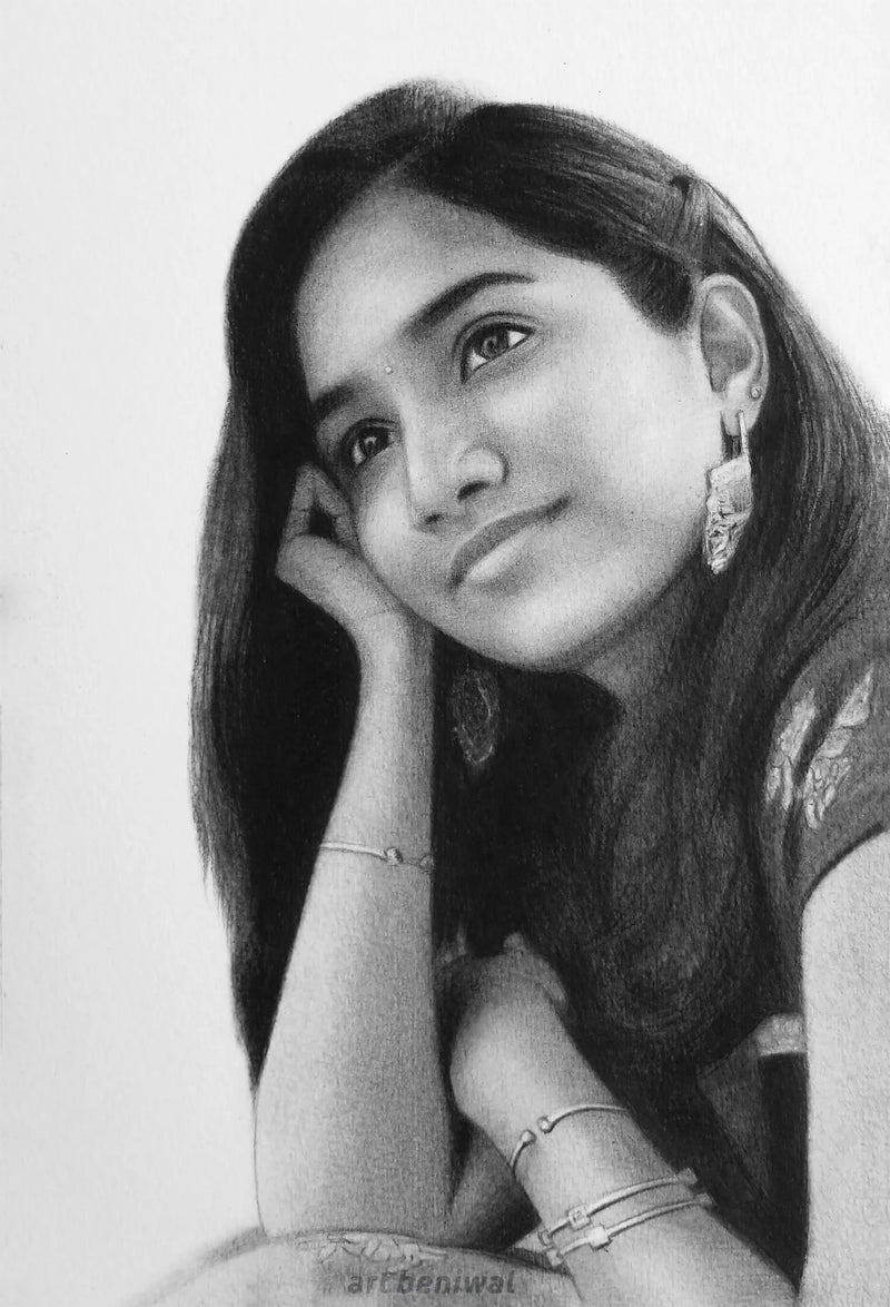 Pencil drawing of a woman with long hair resting her face on her hand and wearing earrings and bangles.
