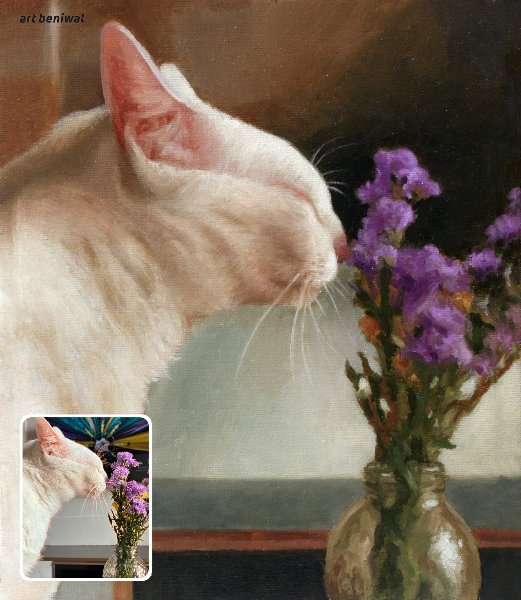 Custom handmade Oil painting of a Cat smelling a vase of purple colours flowers inside the glass pot with a small inset its original photo at left side bottom