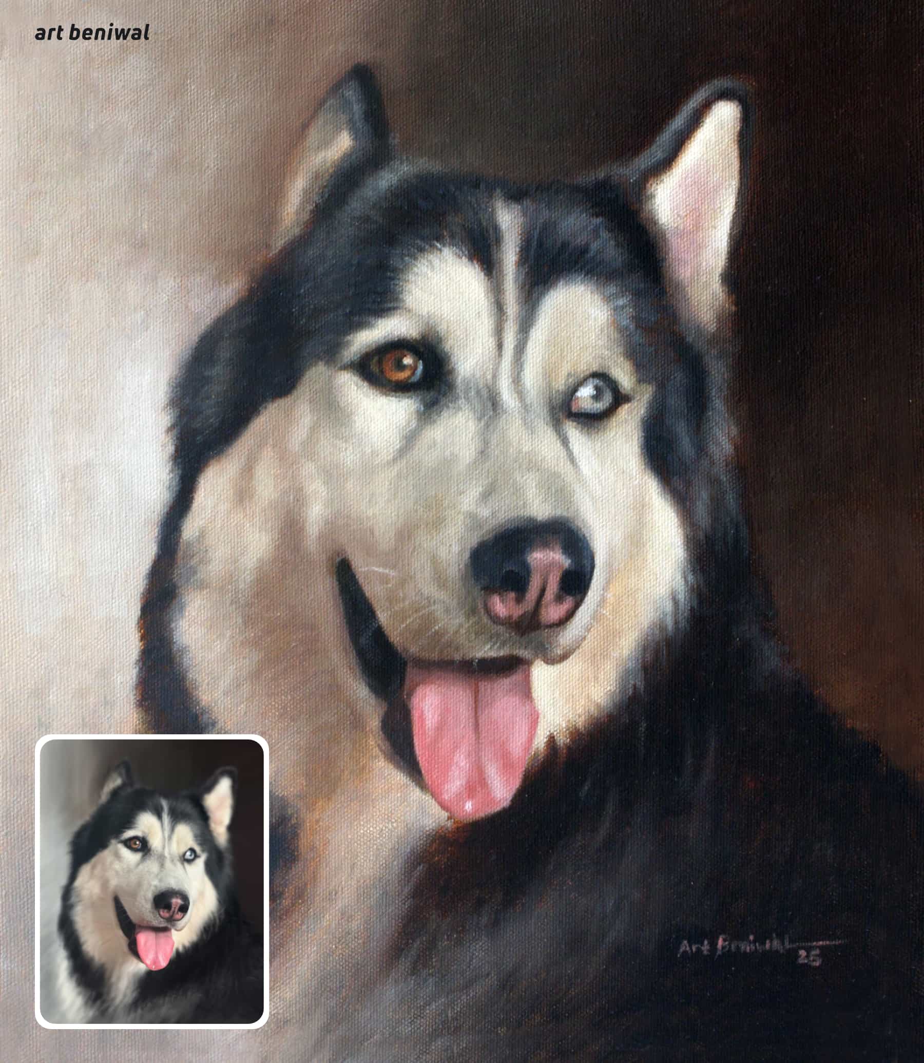 Husky dog oil painting portrait by Art Beniwal. Hand-painted artwork featuring a dog with different colored eyes (brown and white) and tongue out, including the original photo inset."
