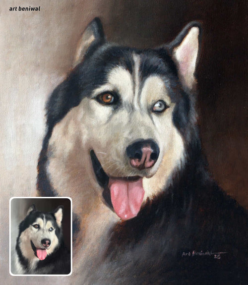 Husky dog oil painting portrait by Art Beniwal. Hand-painted artwork featuring a dog with different colored eyes (brown and white) and tongue out, including the original photo inset."