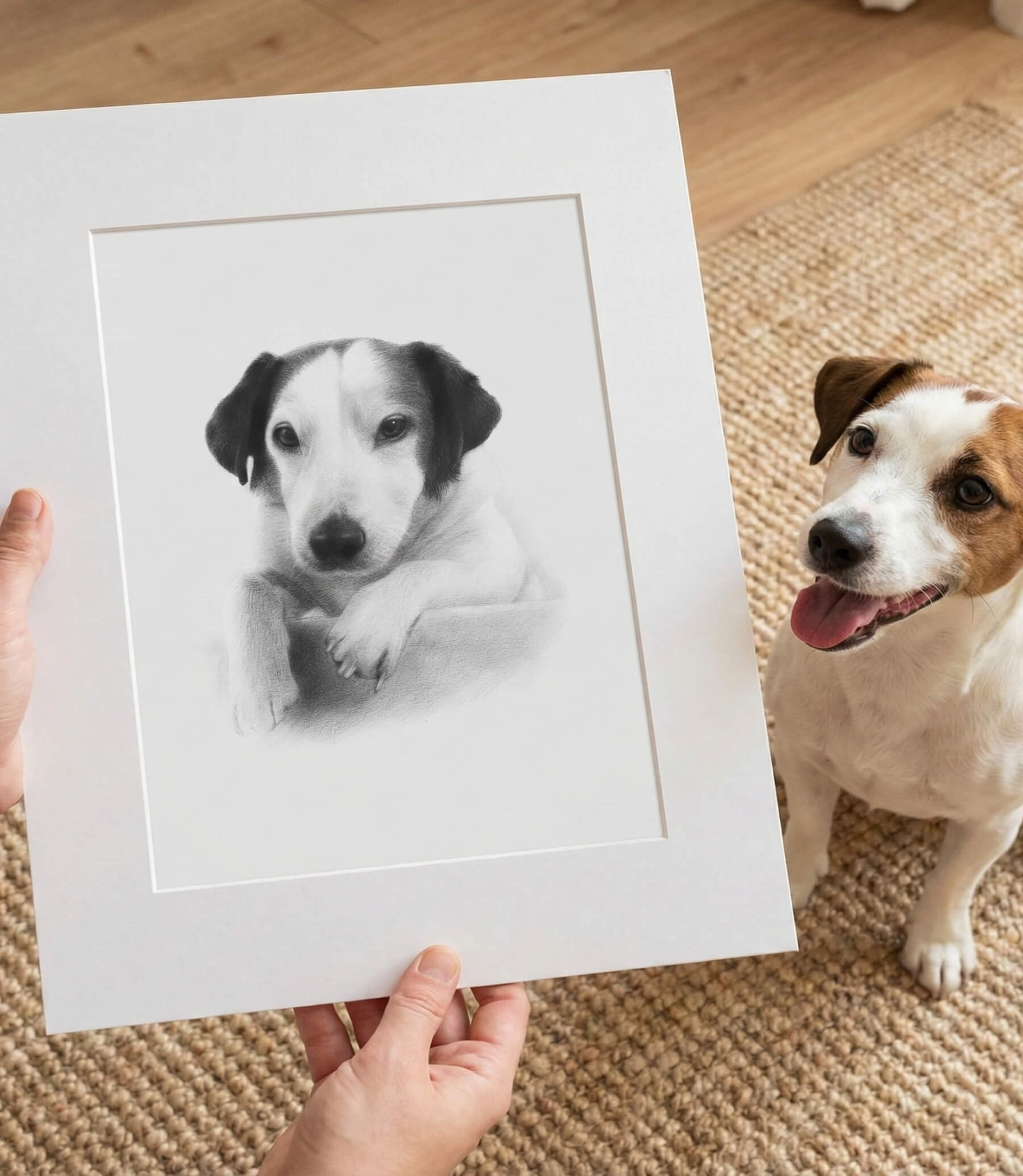Person holding a mounted artwork of dog pencil sketch next to a real dog on a wooden floor.