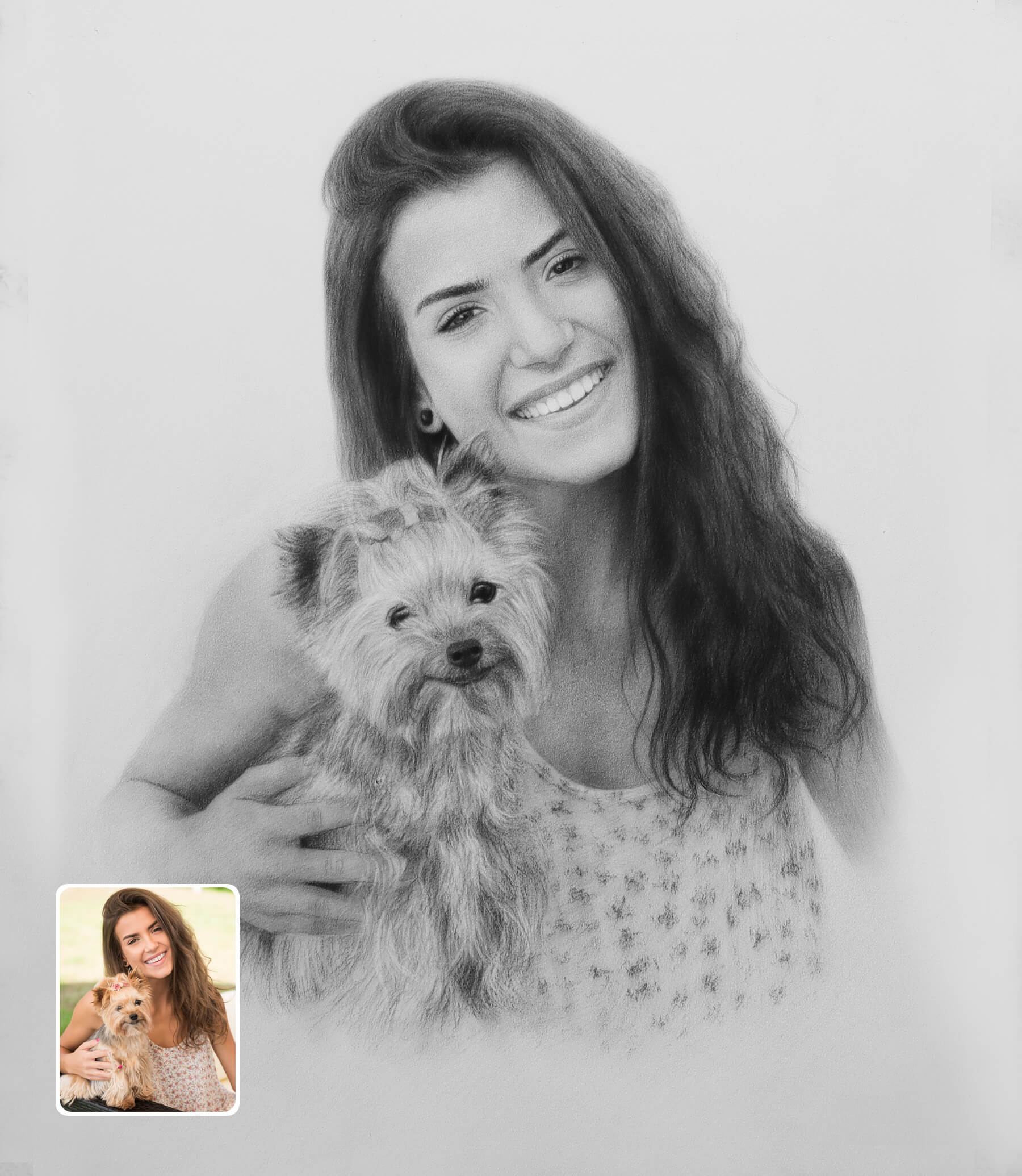 Pencil sketch of a woman holding a small dog with a smaller inset photo of the same scene. 