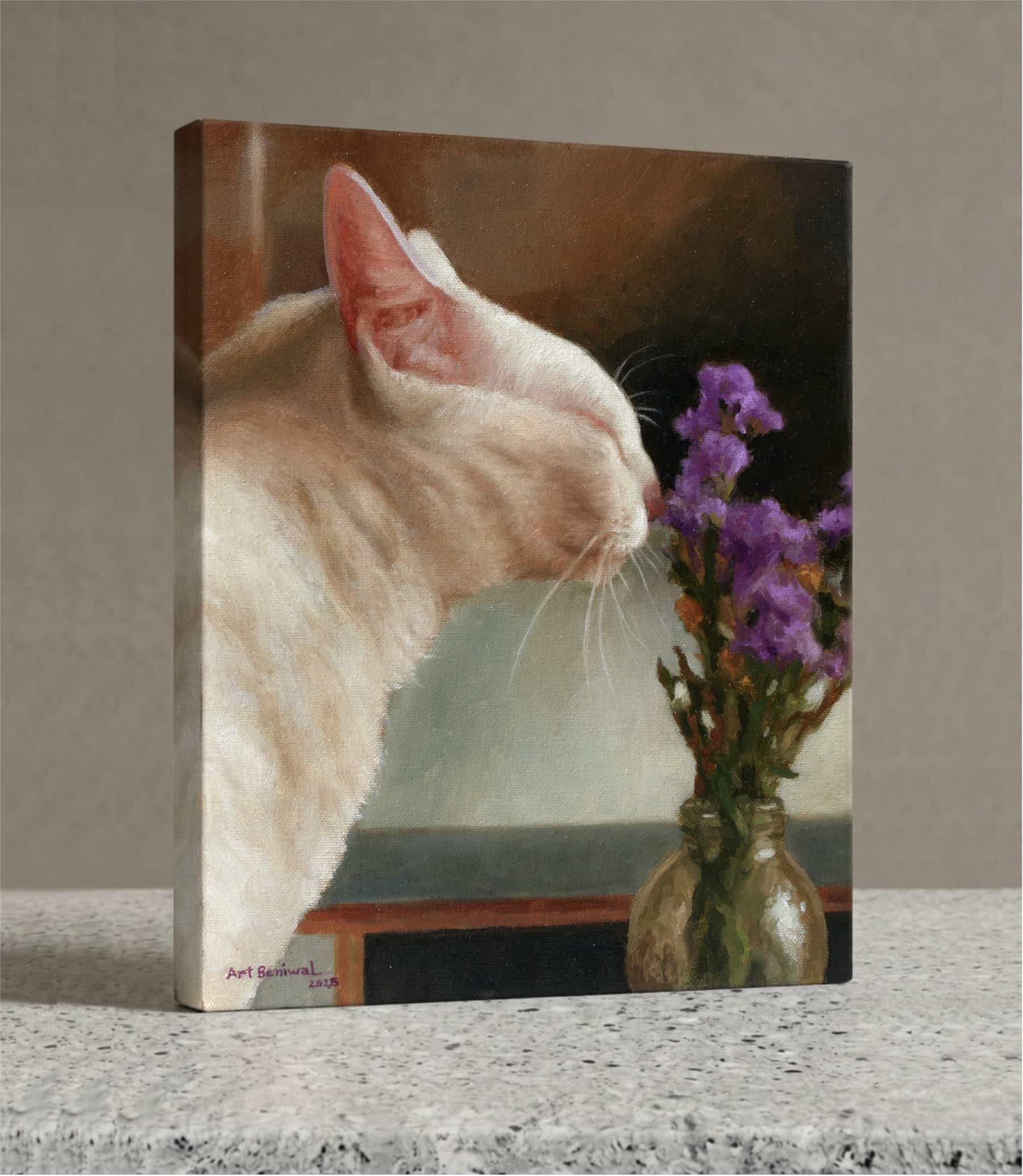 hand-painted canvas painting of a cat sniffing flowers on a textured surface with a neutral background featuring the specific "Art Beniwal 2025" signature at left bottom on canvas