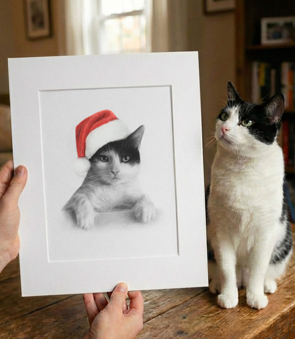 Person holding a mounted pencil realistic pencil drawing of a cat wearing a red colour Santa hat next to a real cat on a wooden surface.