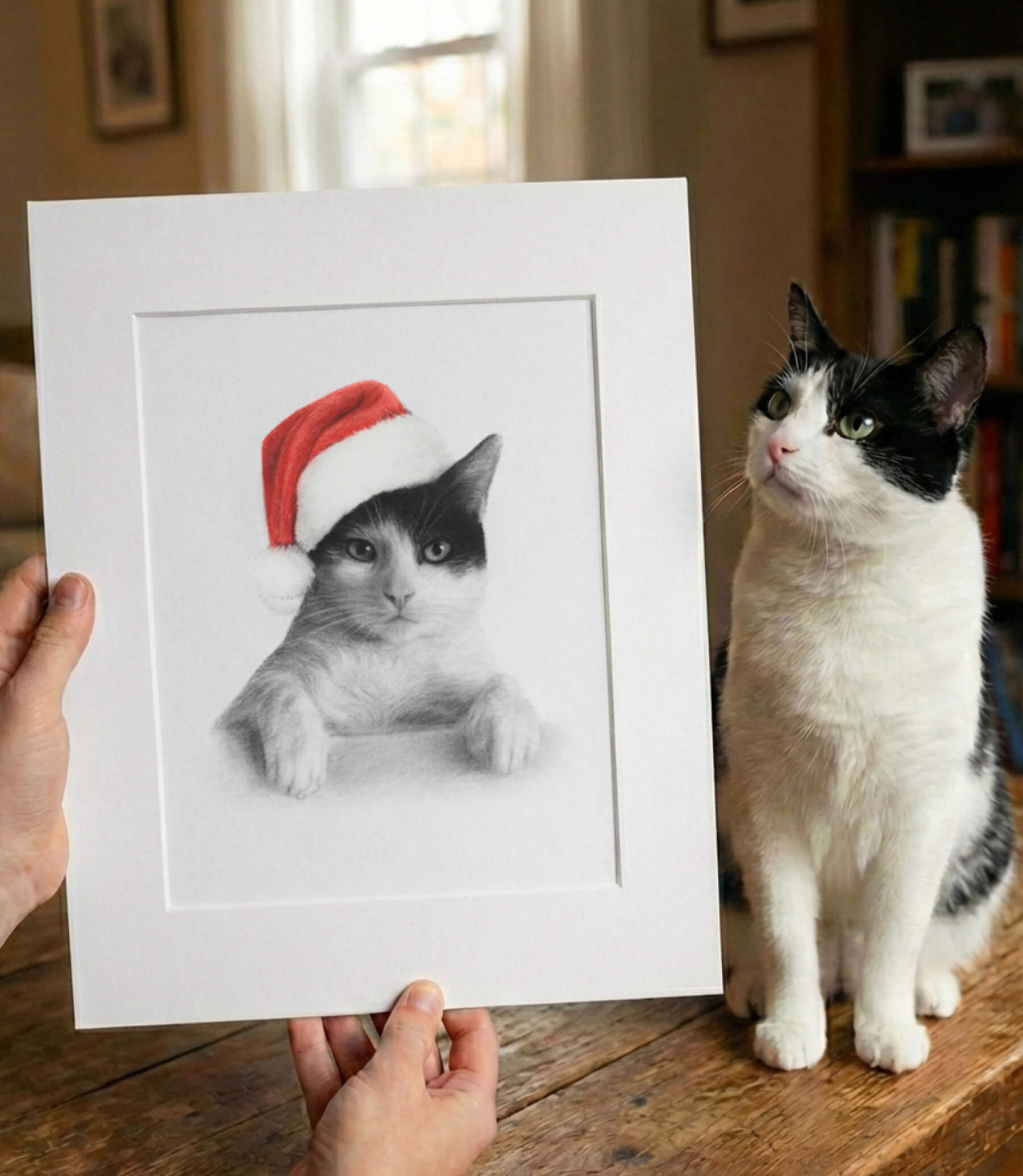 Person holding a mounted pencil realistic pencil drawing of a cat wearing a red colour Santa hat next to a real cat on a wooden surface.