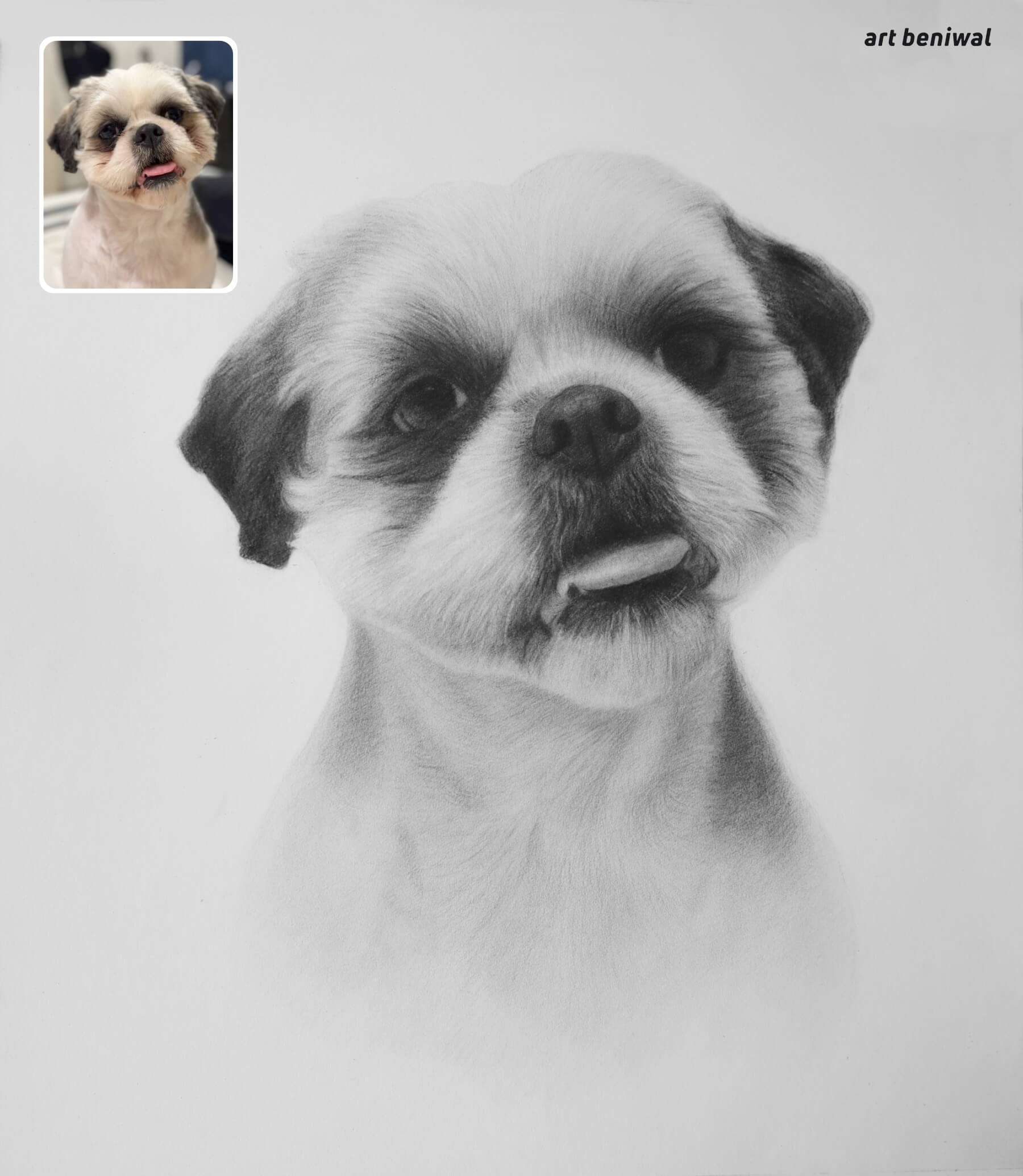 Pencil sketch of a dog with a close-up inset showing the artist's signature.