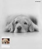 pencil drawing portrait of a dog lying on floor with their mouth and a smaller inset image of the same dog at left bottom side