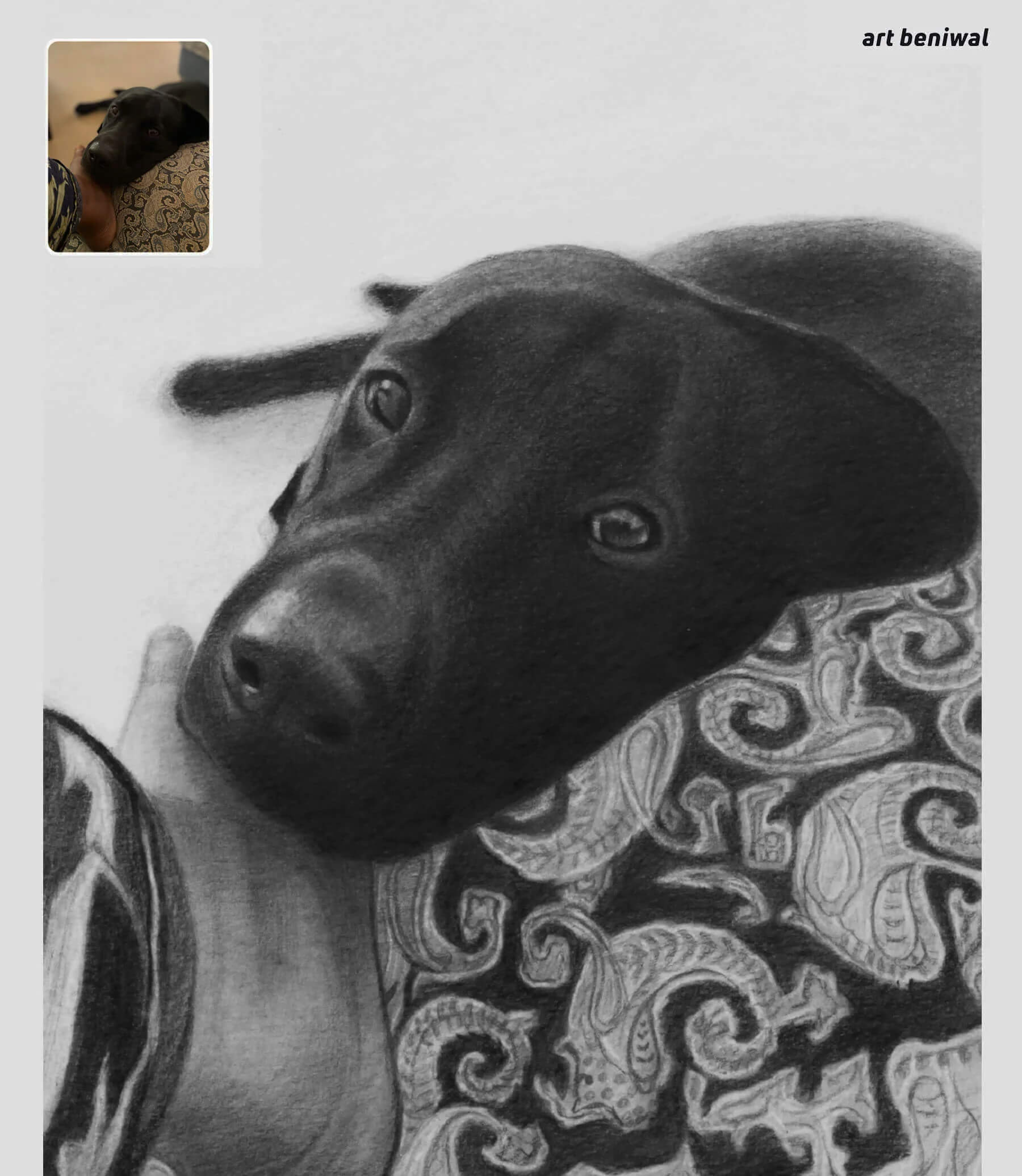 Black and white drawing of a dog lying on a owners feet with patterned surface