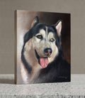 hand-painted canvas painting of a husky dog on a textured surface with a neutral background made by art beniwal