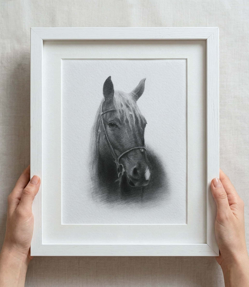 Black and white custom horse drawing in a white frame with white mount board, held by two hands on a light background.