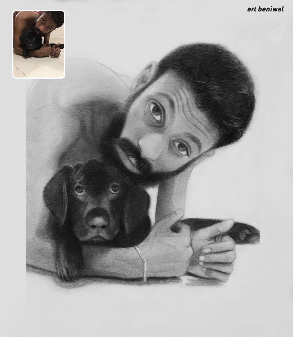 Pencil drawing of a person with a dog on a white background, with a smaller inset photo of a real person and dog.