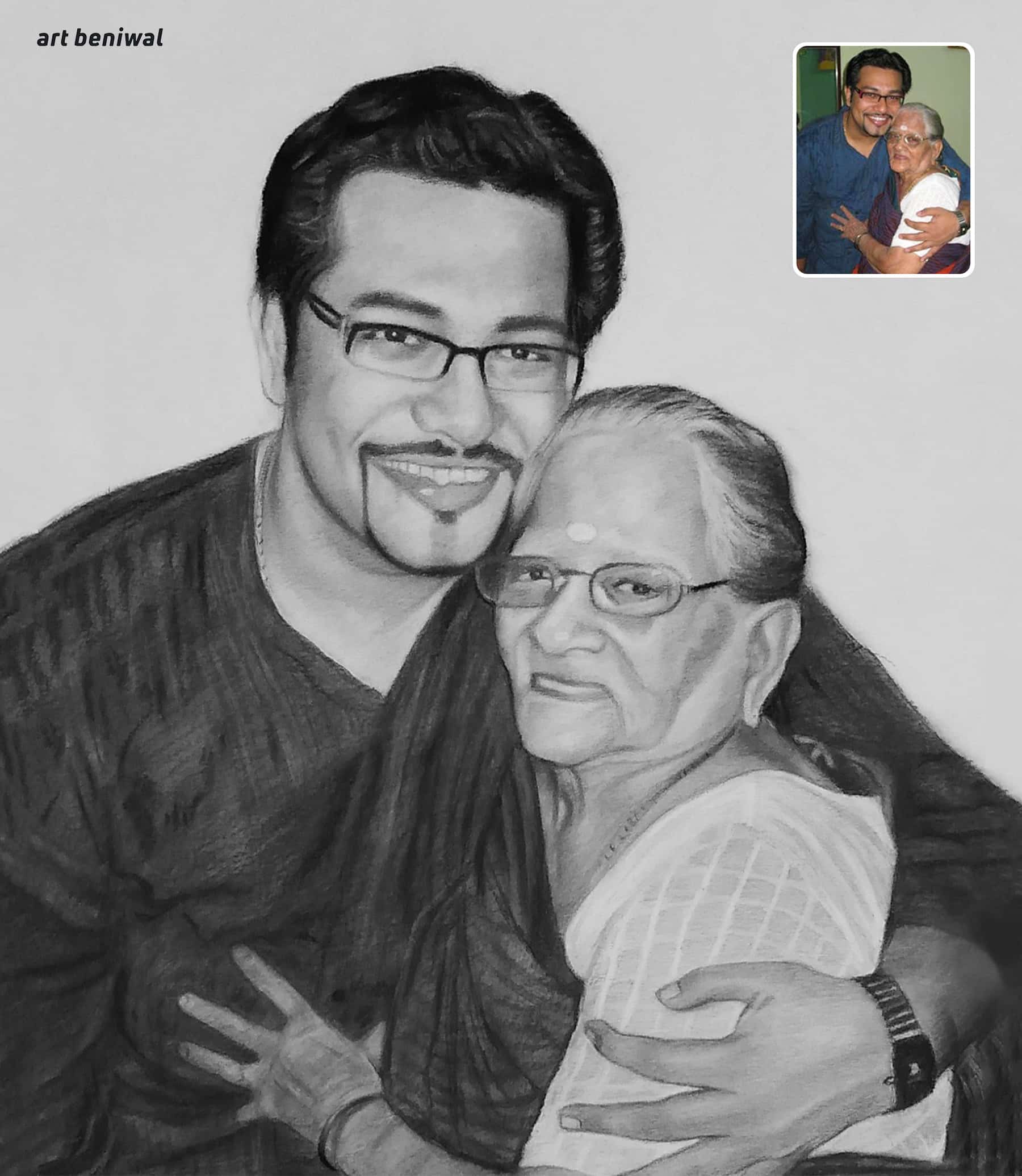 Pencil drawing of a man hugging an elderly woman with a smaller inset orignal photo of them at right top corner and left corner is art beniwal logo 