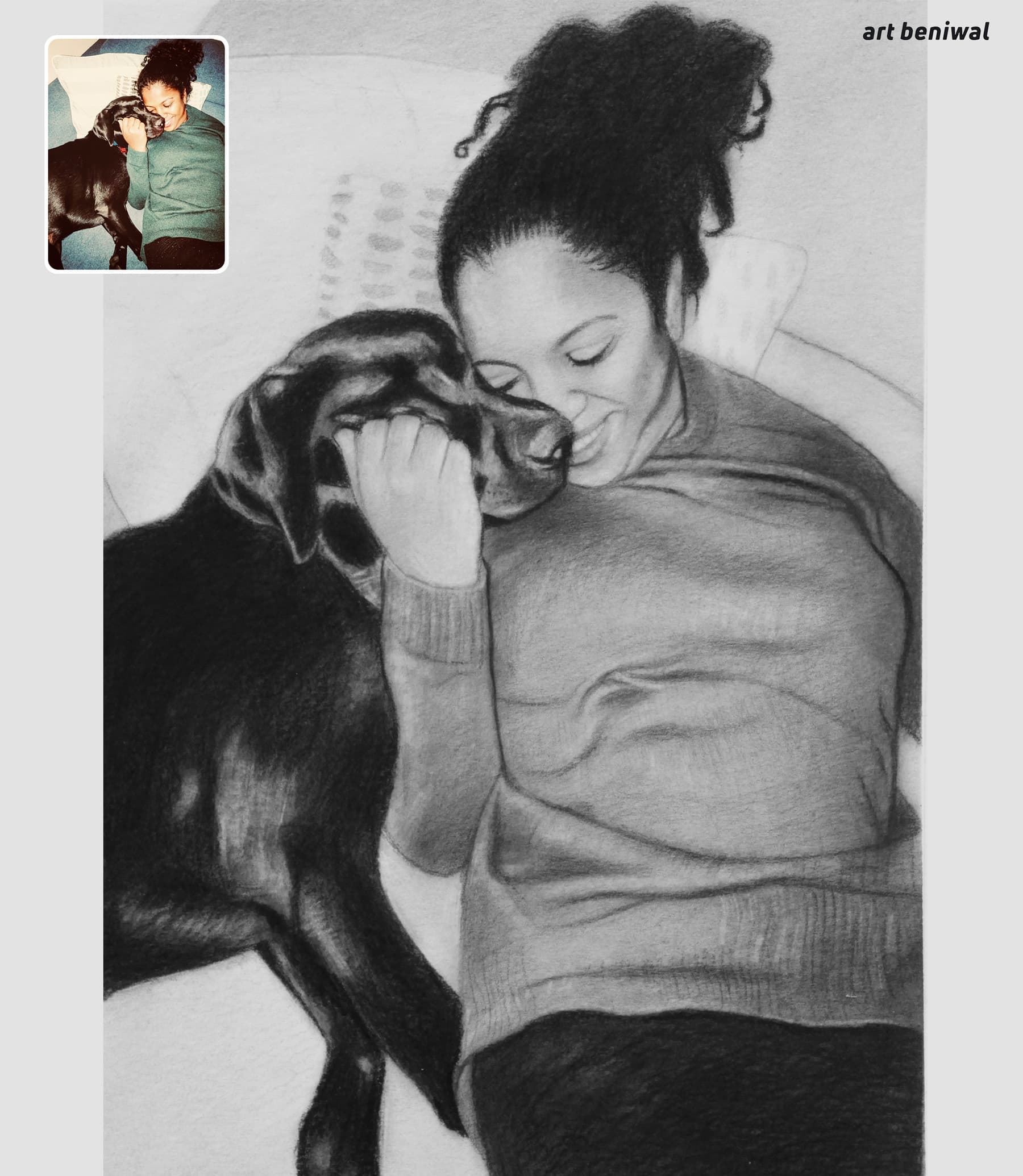 pencil sketch of lady pet owner lying with thier black colour dog and holing dog face with her hands