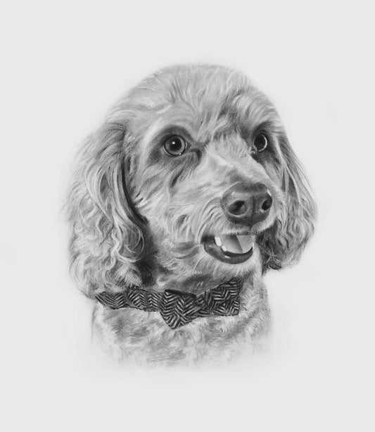 A detailed black and white custom dog drawing shows a curly-haired dog wearing a patterned bow tie. The hand-drawn portrait captures the dog's joyful expression, with its mouth slightly open, showing teeth. The background remains plain white, focusing on the dog’s face and upper neck.