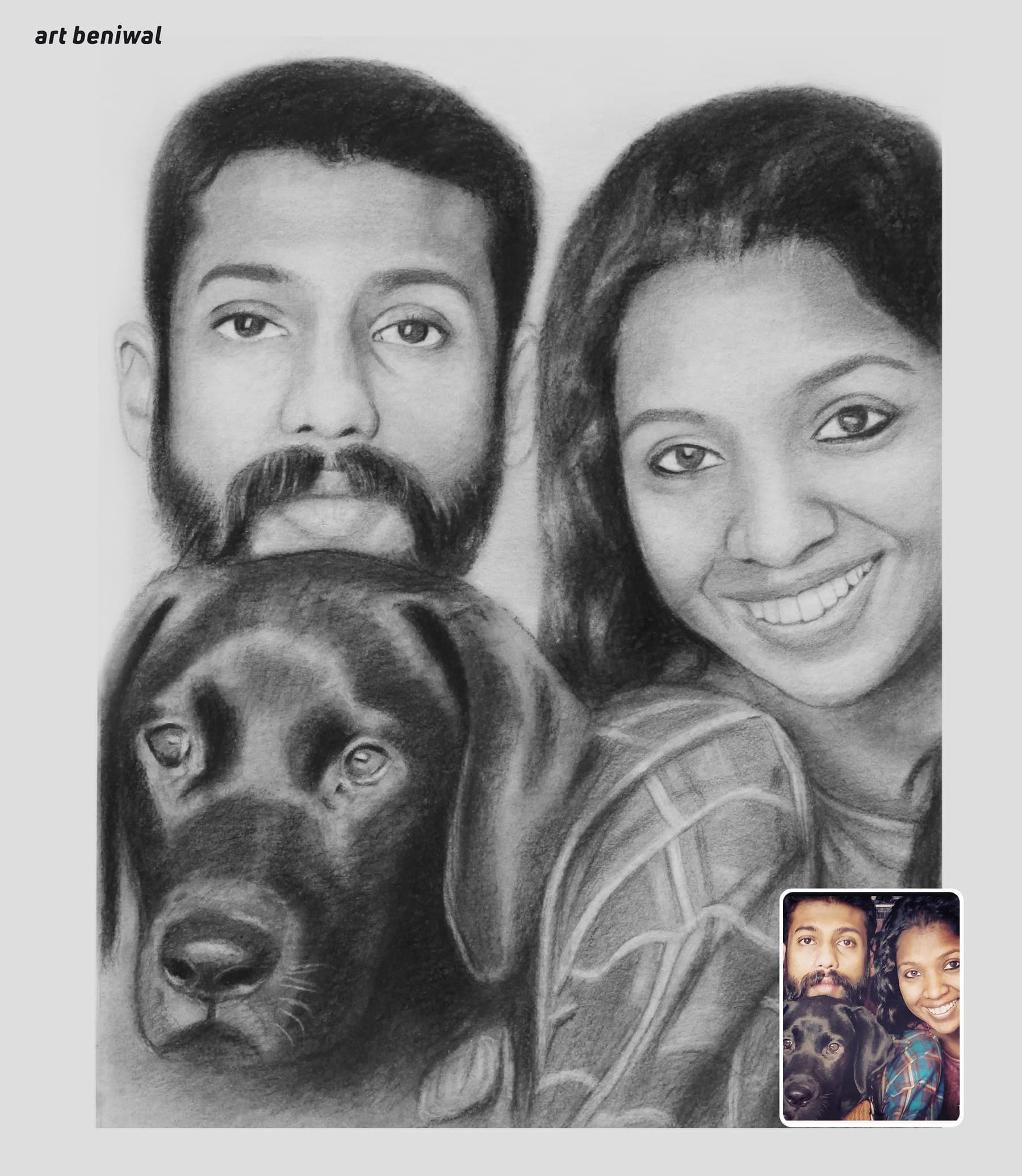 pencil drawing of 3 persons, couple and there dog 