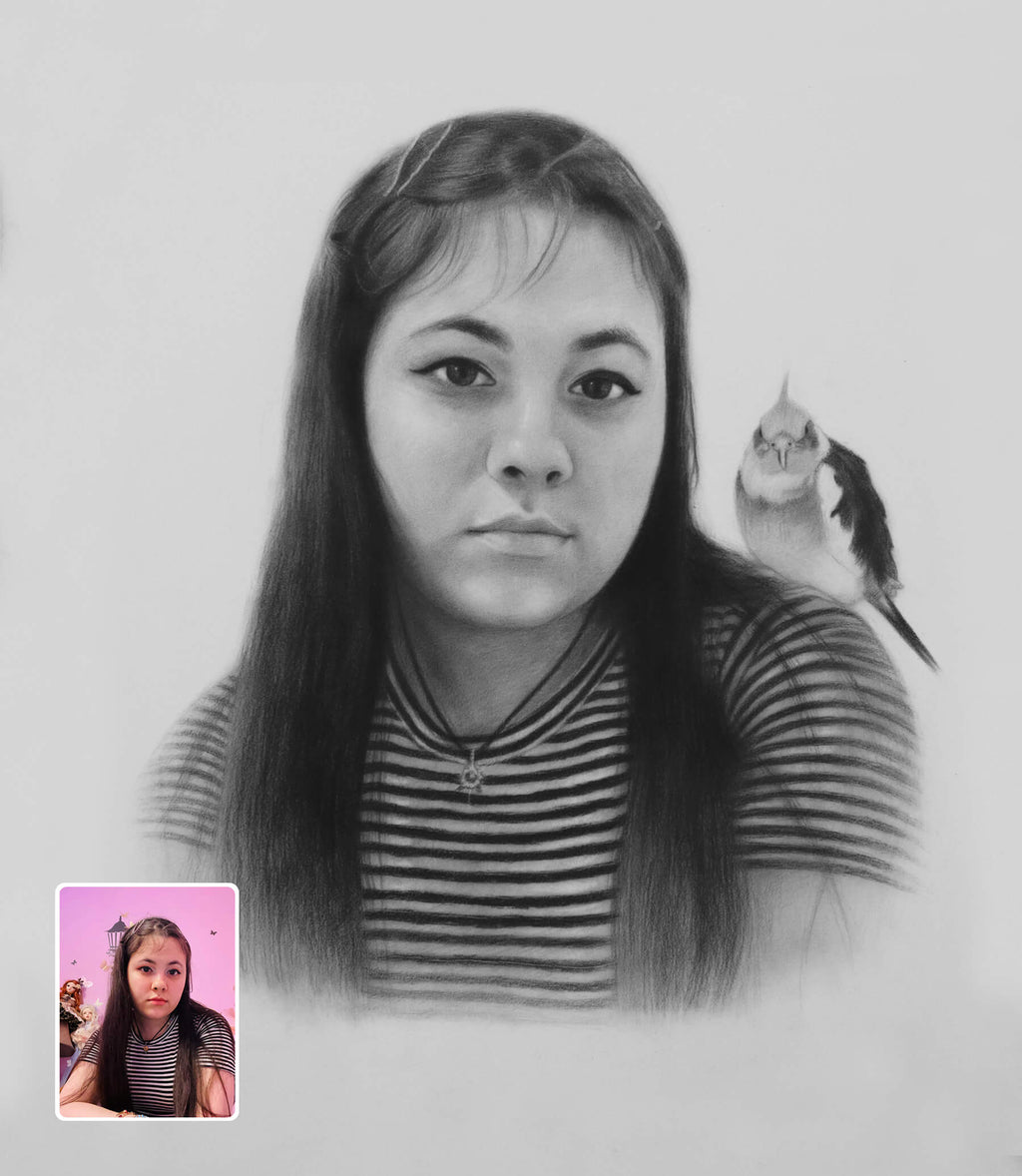 Realistic Black and white pencil portrait of a woman with a bird on her shoulder, inset photo of the same woman in color.
