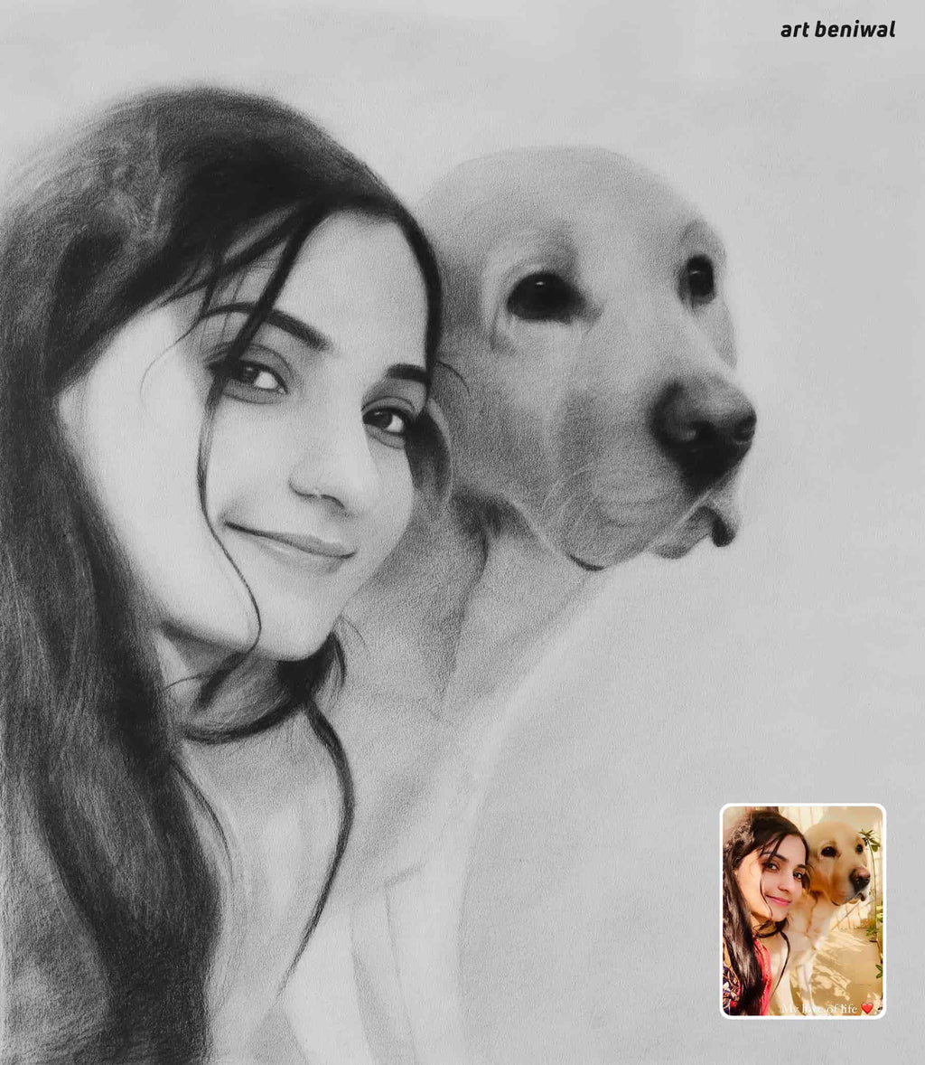 Pencil sketch of a indian girl with a dog on a light gray background