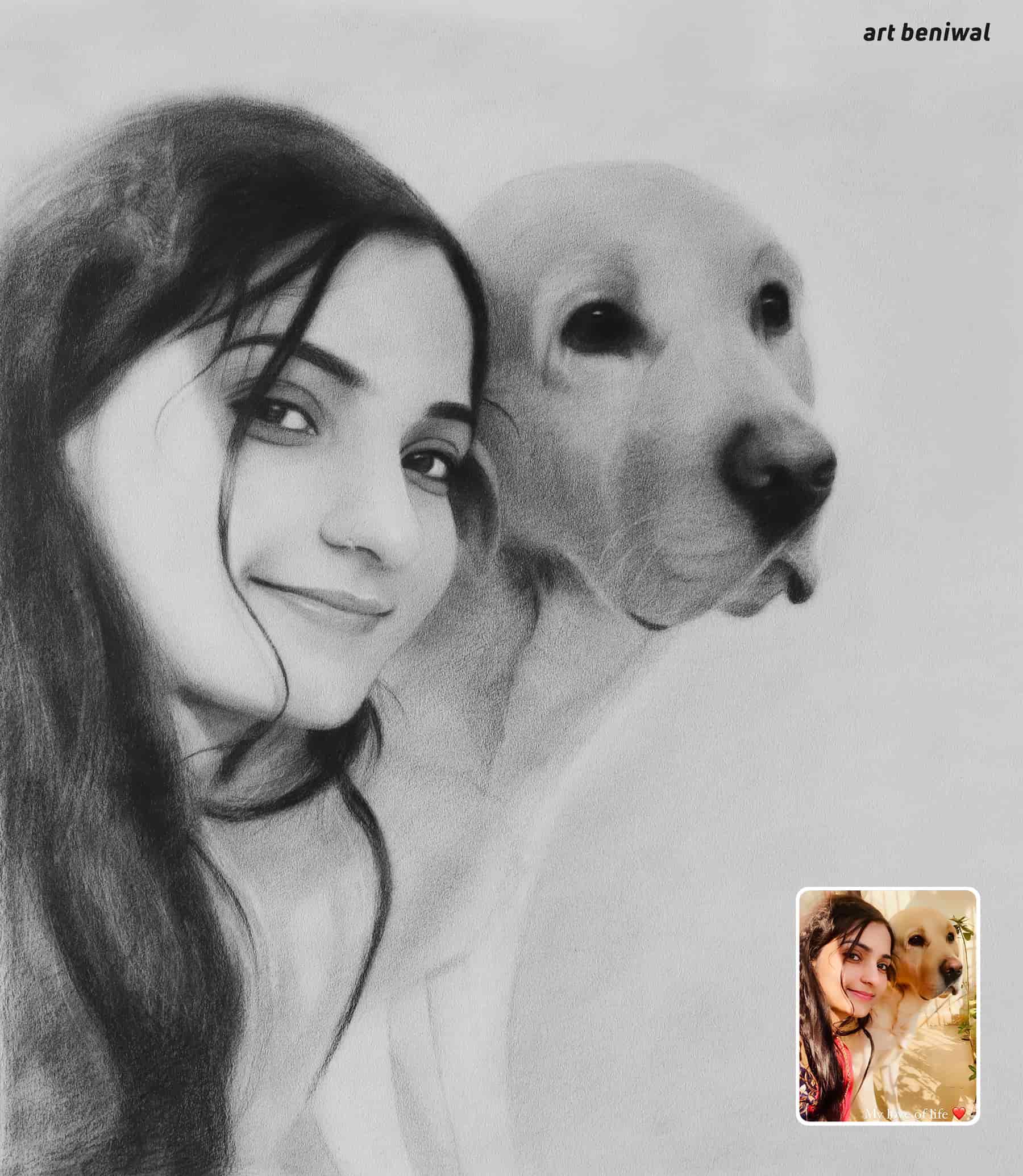 Pencil sketch of a indian girl with a dog on a light gray background
